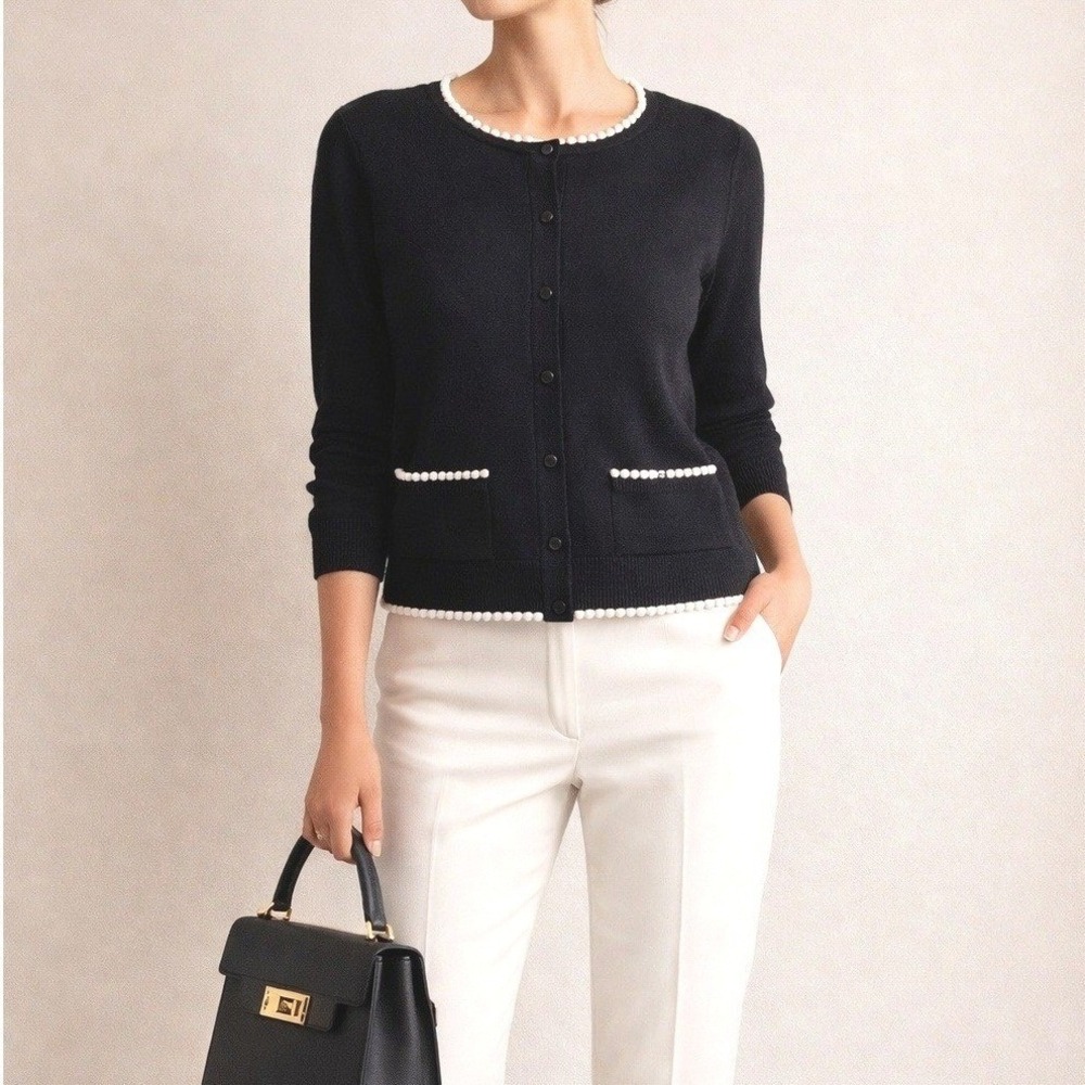 Paule Ka Cardigan Navy Blue Wool Blend Pom Pom Trim Size M Quiet Luxury Preppy